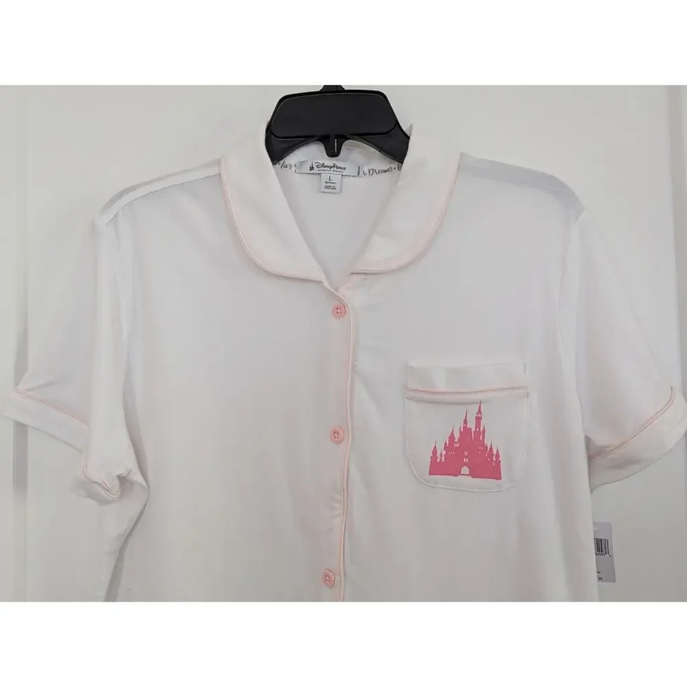 Disney Parks Women's Large White PJ Pajama Top Pink Castle Button Up - Picture 4 of 16